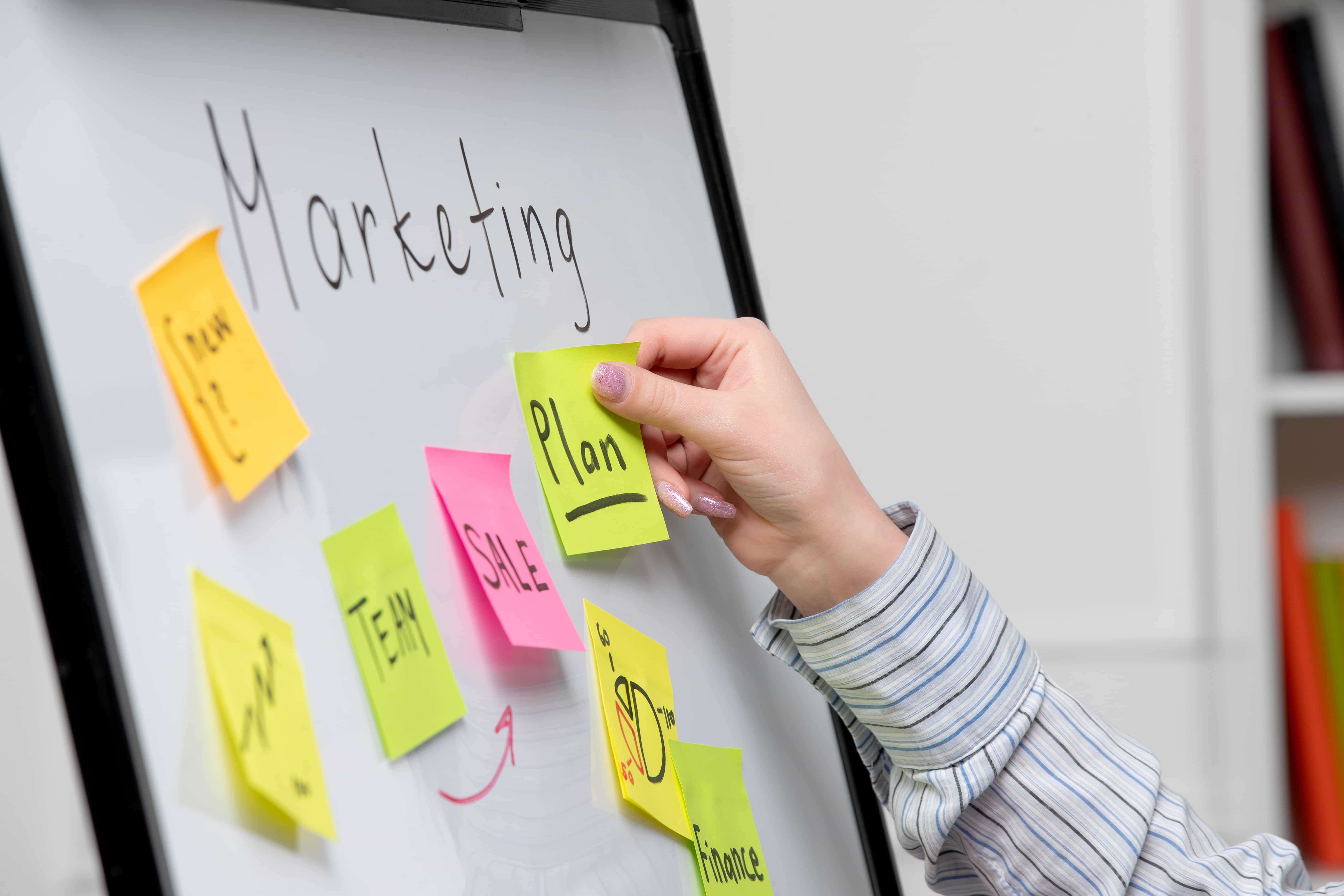 Sticky notes on the board for marketing strategy